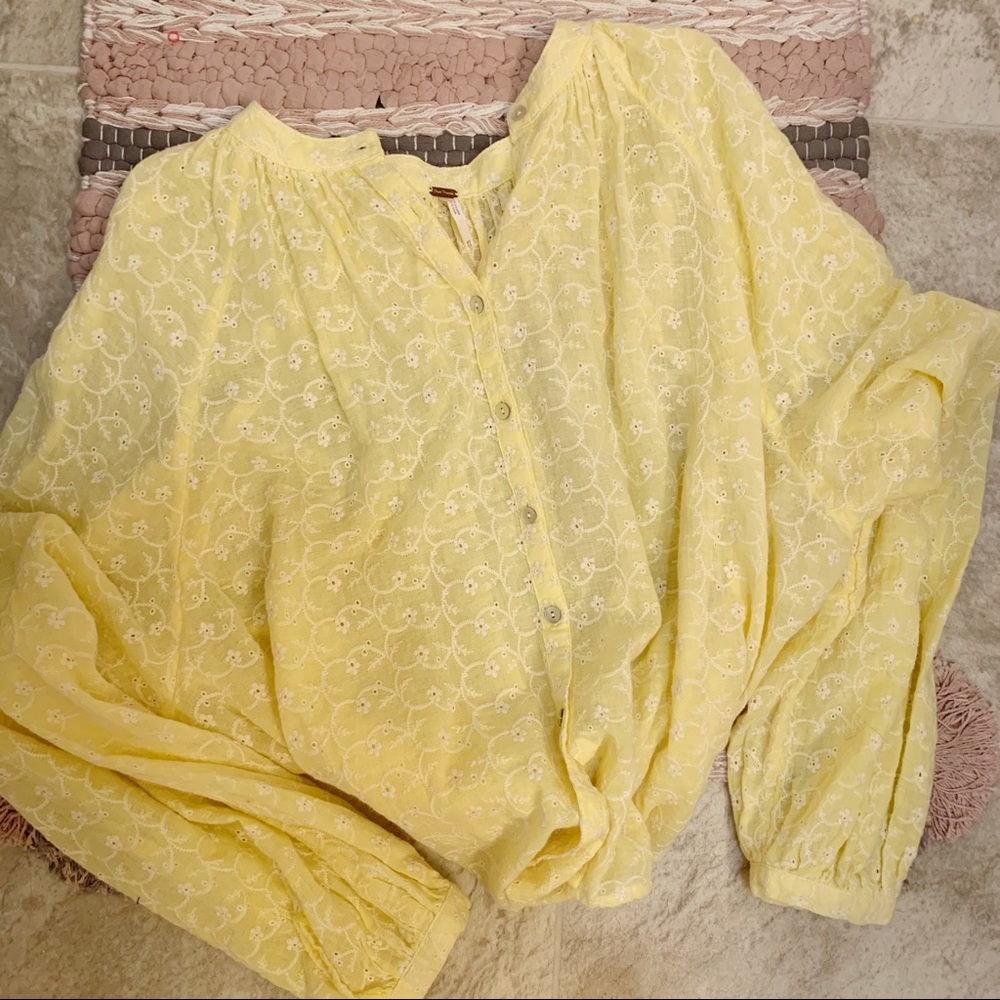 Free People | Yellow Embroidered CuffSleeve Blouse